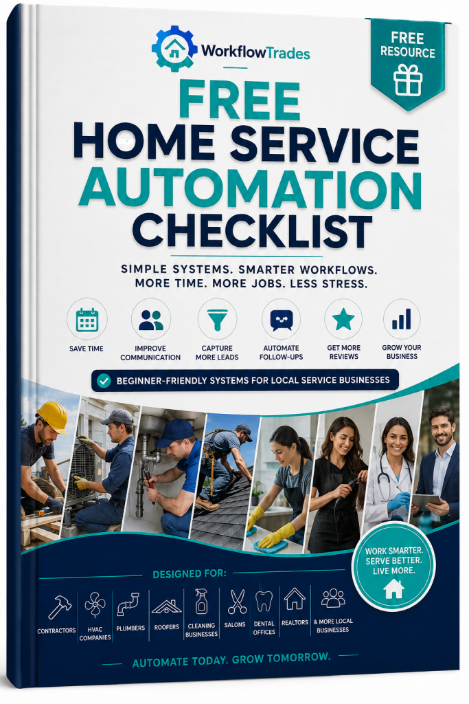 Free Home Service Automation Checklist cover for local service businesses featuring automation workflows for contractors, HVAC, plumbing, cleaning, dental, roofing, and other local businesses